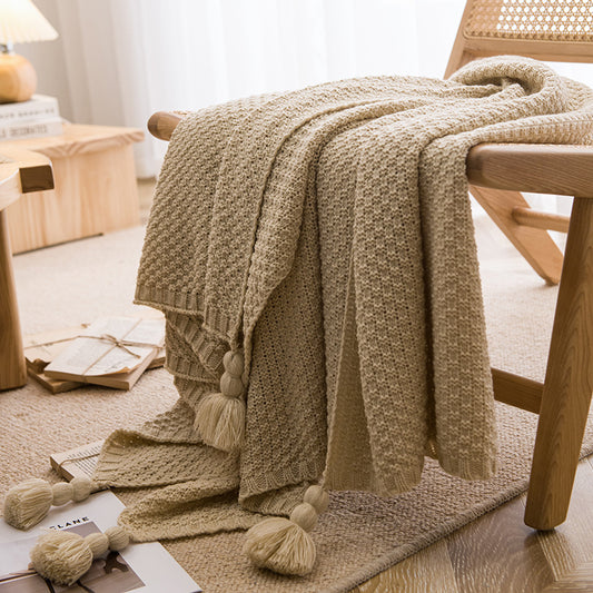 Beige 110cm x 150cm Soft Tassel Throw Blanket for Sofa or Bed, Cozy Casual Blanket for Office Nap, Minimalist V888-ELOSUNG17835