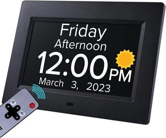 Black Crystal Clear 7-Inch Digital Day Clock with Auto Dimming & Voice Assist - Perfect for Seniors V888-ELOSUNG18095