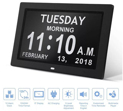Black 10.1-Inch Digital Clock with Medication Reminders & Multi-Function Alarm - Ideal for Elderly Care V888-ELOSUNG18097
