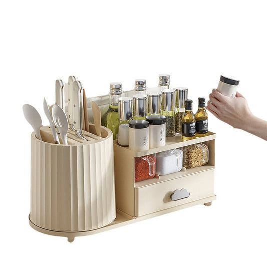 All-in-One Kitchen Countertop Organizer | Rotating Utensil Holder, Knife Block & Spice Rack with Drawer | V888-ELOSUNG18156