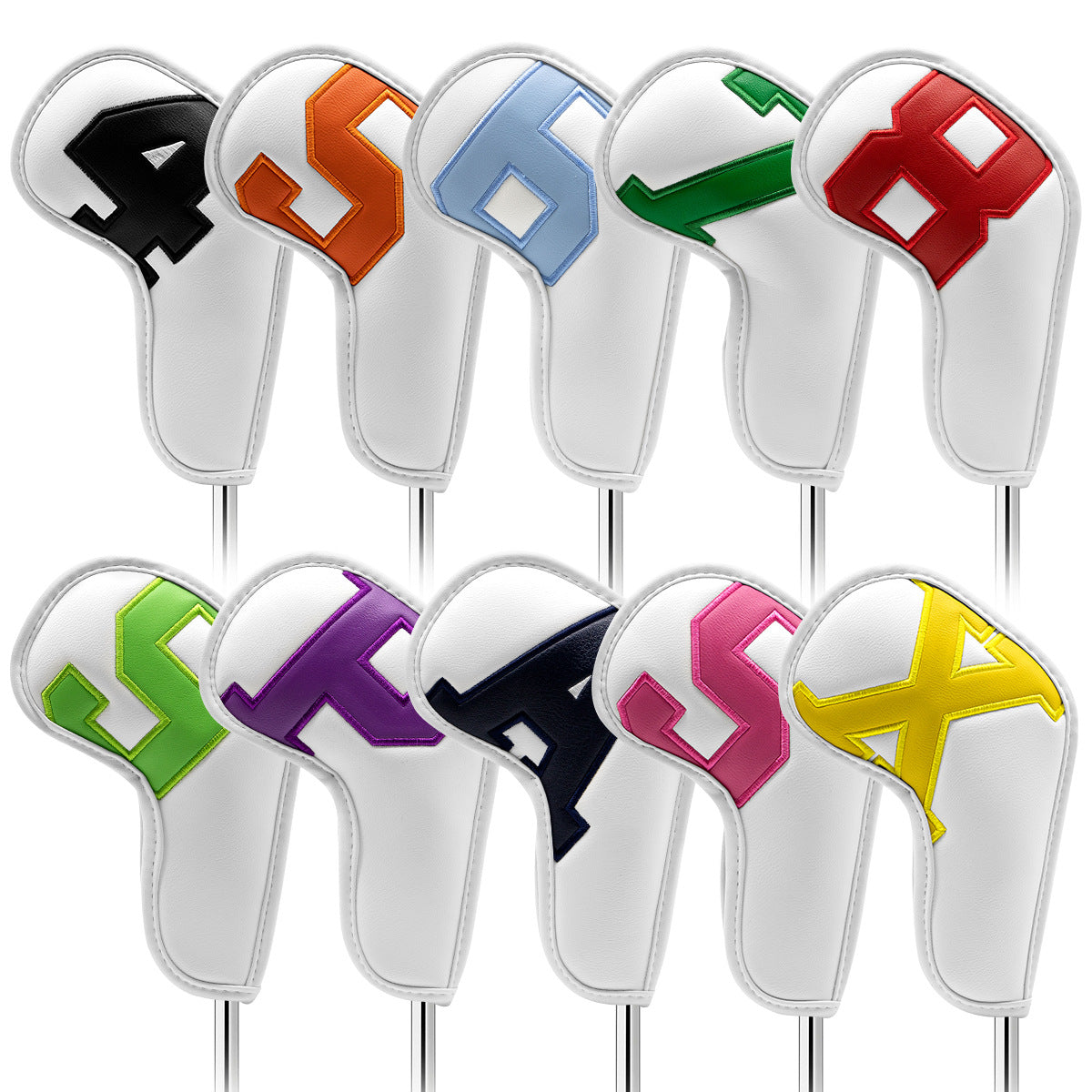 White covers with various colored numbers, Premium PU Leather Golf Iron Headcover Set (10pcs) | Numbered 4-9, V888-ELOSUNG18158