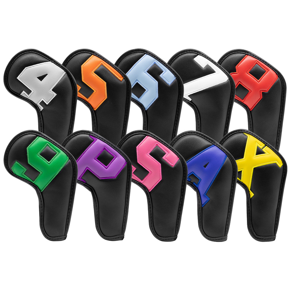 Black covers with various colored numbers, Premium PU Leather Golf Iron Headcover Set (10pcs) | Numbered 4-9, V888-ELOSUNG18159