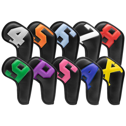 Black covers with various colored numbers, Premium PU Leather Golf Iron Headcover Set (10pcs) | Numbered 4-9, V888-ELOSUNG18159