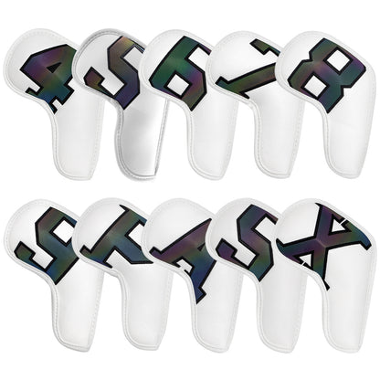 White covers with Laser numbers, Premium PU Leather Golf Iron Headcover Set (10pcs) | Numbered 4-9, P, S, A, V888-ELOSUNG18161