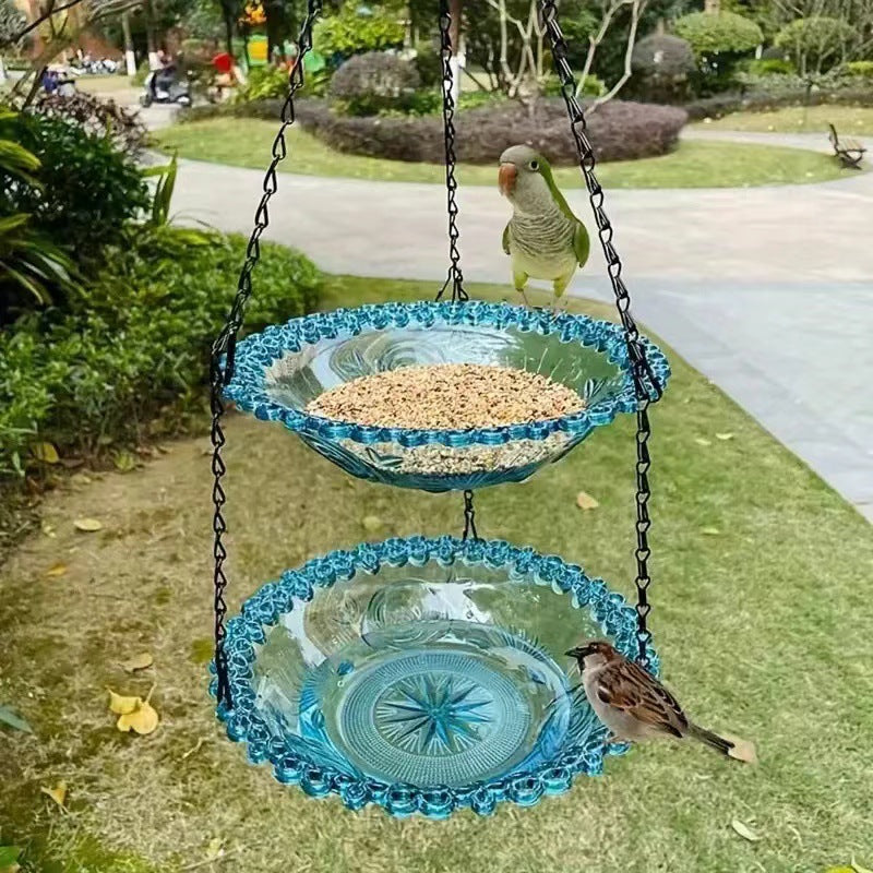 2 Set Blue Elegant Hanging Glass Bird Feeder - Double Tier for Garden Birds V888-ELOSUNG18181