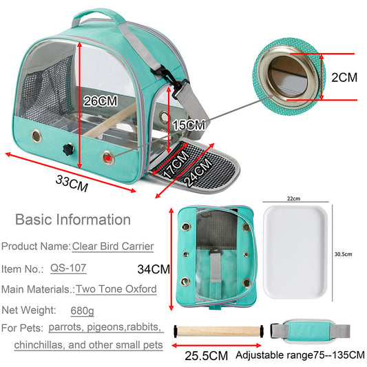Green Portable Clear View Bird Carrier Travel Cage with Perch & Tray - Breathable Pet Bag for Parrots, V888-ELOSUNG18187