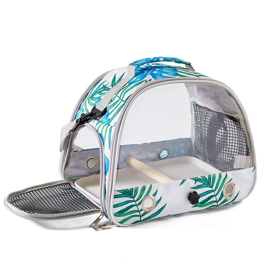 Stylish Leaf Print Clear View Bird Carrier - Portable Travel Cage with Perch & Tray for Parrots, Cockatiels & V888-ELOSUNG18188