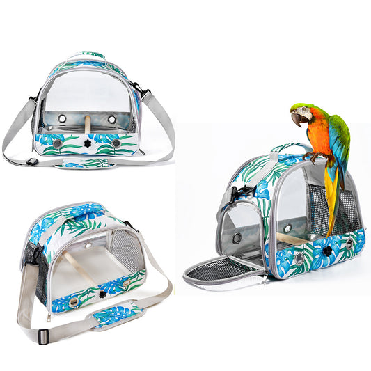 Stylish Leaf Print Clear View Bird Carrier - Portable Travel Cage with Perch & Tray for Parrots, Cockatiels & V888-ELOSUNG18188