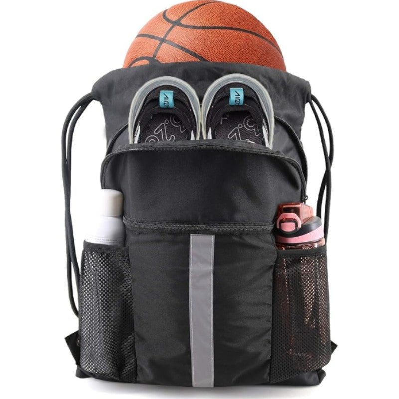 Black Multi-Pocket Drawstring Backpack Gym Bag with Zipper Compartments, Bottle Holders & Reflective Strip V888-ELOSUNG18198
