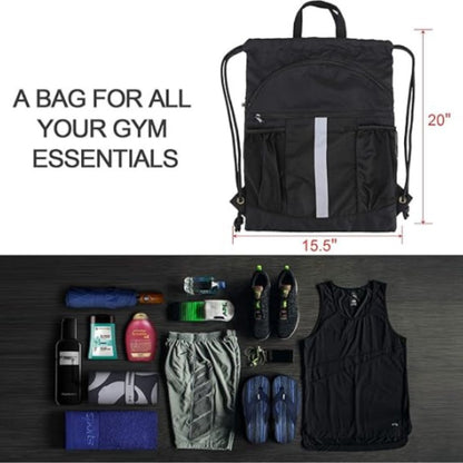 Black Multi-Pocket Drawstring Backpack Gym Bag with Zipper Compartments, Bottle Holders & Reflective Strip V888-ELOSUNG18198