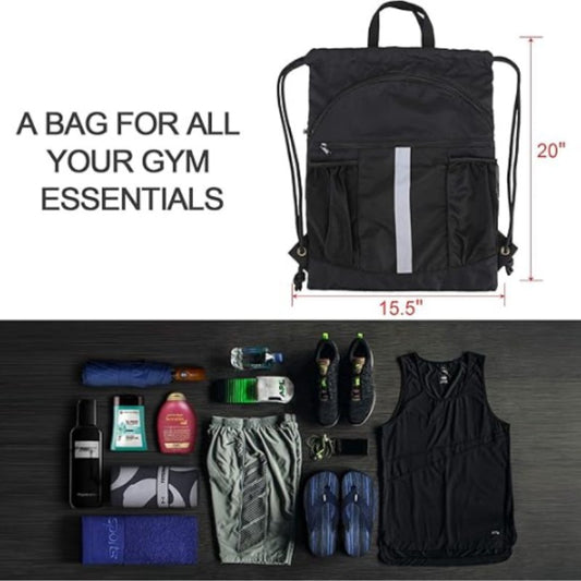 Black Multi-Pocket Drawstring Backpack Gym Bag with Zipper Compartments, Bottle Holders & Reflective Strip V888-ELOSUNG18198