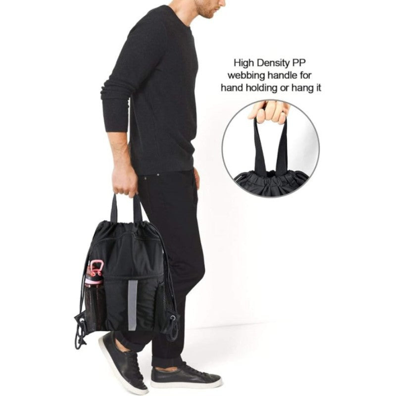 Black Multi-Pocket Drawstring Backpack Gym Bag with Zipper Compartments, Bottle Holders & Reflective Strip V888-ELOSUNG18198