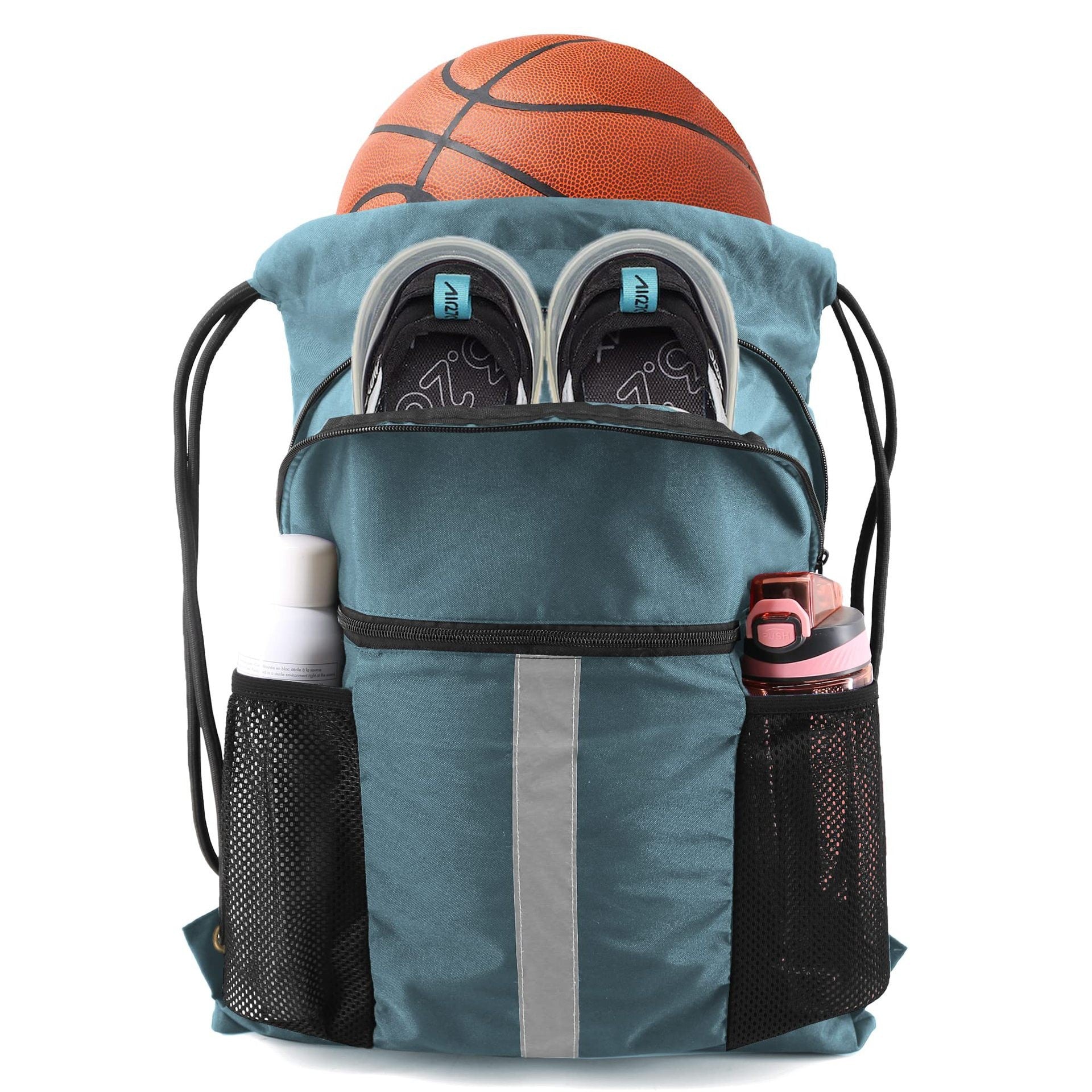 Blue Multi-Pocket Drawstring Backpack Gym Bag with Zipper Compartments, Bottle Holders & Reflective Strip V888-ELOSUNG18199