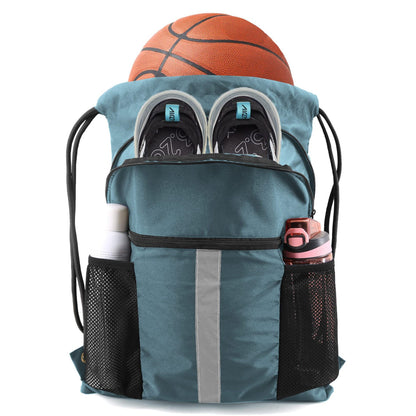 Blue Multi-Pocket Drawstring Backpack Gym Bag with Zipper Compartments, Bottle Holders & Reflective Strip V888-ELOSUNG18199