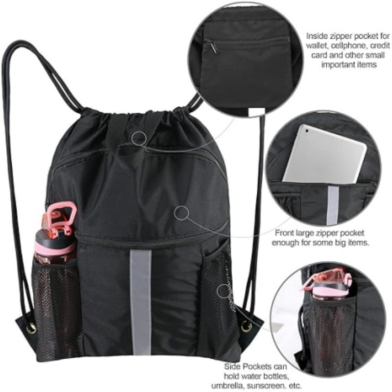 Blue Multi-Pocket Drawstring Backpack Gym Bag with Zipper Compartments, Bottle Holders & Reflective Strip V888-ELOSUNG18199
