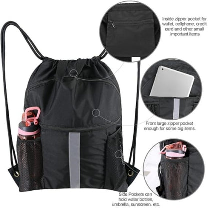 Blue Multi-Pocket Drawstring Backpack Gym Bag with Zipper Compartments, Bottle Holders & Reflective Strip V888-ELOSUNG18199