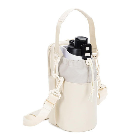 Beige Stylish Water Bottle Carrier Bag with Phone Pocket, Key Clip & Adjustable Strap - Crossbody Sling Holder V888-ELOSUNG18202