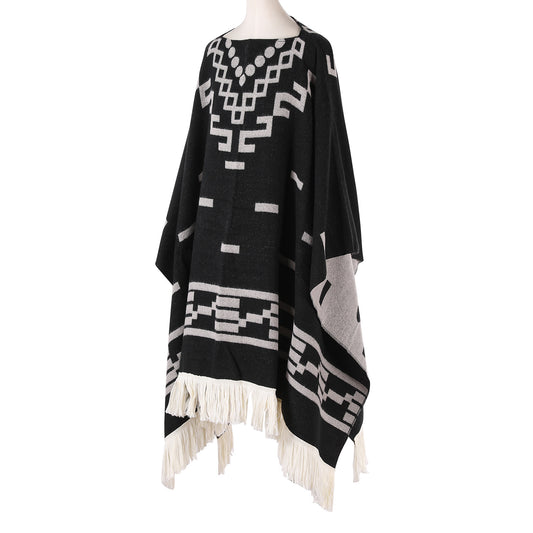 Black Women's Versatile Faux Cashmere Poncho Cape Shawl with Geometric Pattern & Fringe Trim - One Size V888-ELOSUNG18217