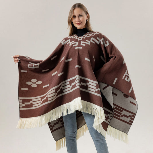 Black Women's Versatile Faux Cashmere Poncho Cape Shawl with Geometric Pattern & Fringe Trim - One Size V888-ELOSUNG18217
