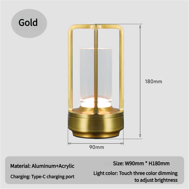Gold Rechargeable Table Lamp - Touch Dimming 3-Color LED Light for Bedroom and Office V888-ELOSUNG18248