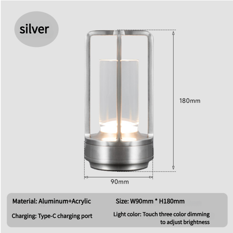 Silver Rechargeable Table Lamp - Touch Dimming 3-Color LED Light for Bedroom and Office V888-ELOSUNG18249