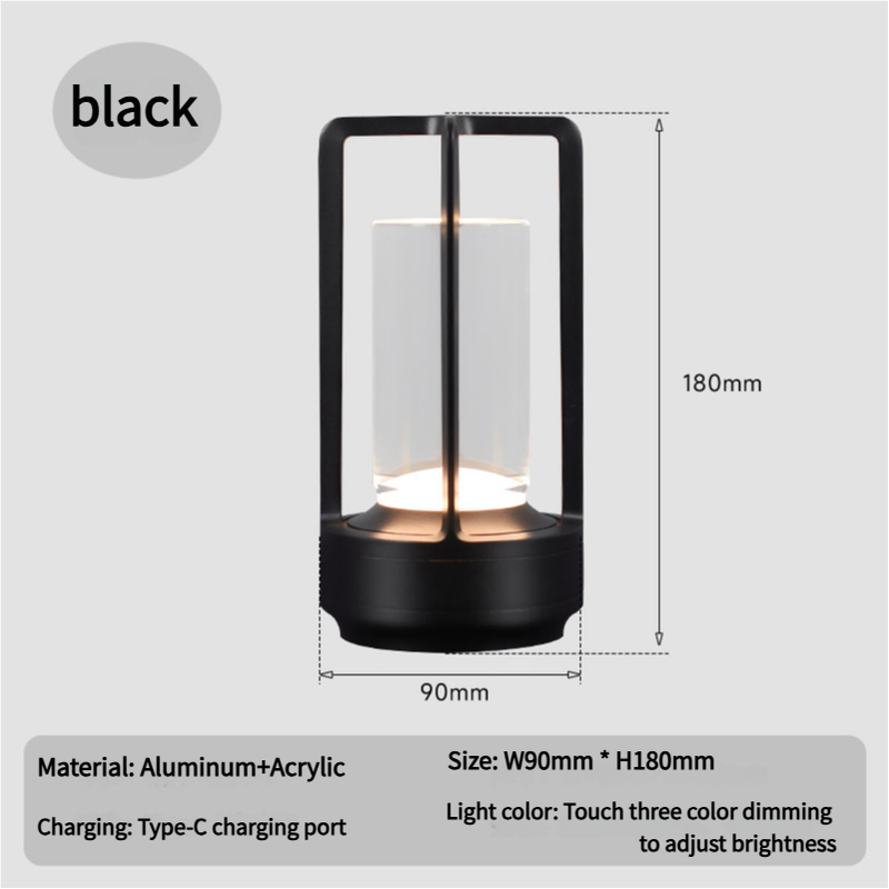 Black Rechargeable Table Lamp - Touch Dimming 3-Color LED Light for Bedroom and Office V888-ELOSUNG18250