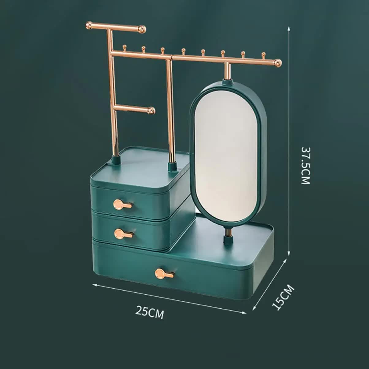 Elegant Green Jewelry Organizer with Mirror - Multi-Layer Storage & Display Stand (25x15x37.5cm) V888-ELOSUNG18277