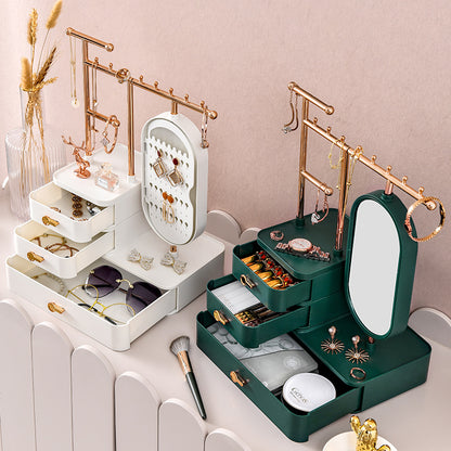 Elegant Cream Color Jewelry Organizer with Mirror - Multi-Layer Storage & Display Stand (25x15x37.5cm) V888-ELOSUNG18279