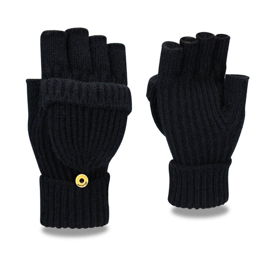 Black Winter Convertible Mittens - Warm Knitted 2-in-1 Fingerless Gloves with Flip Top Cover for Cold Weather V888-ELOSUNG18302