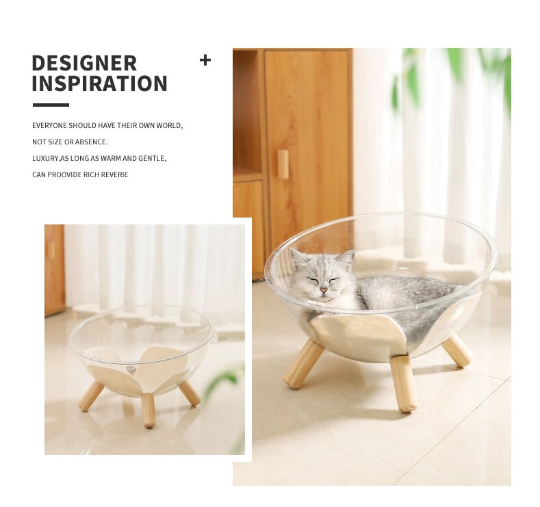 Luxury Transparent Cat Bed with Wooden Legs - Stylish Pet Nest V888-ELOSUNG18309