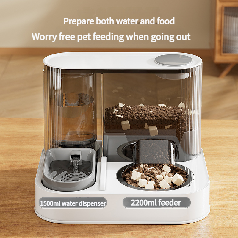Automatic Pet Feeder and Water Bowl - 2-in-1 Grey Stainless Steel Bowl Cat Feeding Station V888-ELOSUNG18312