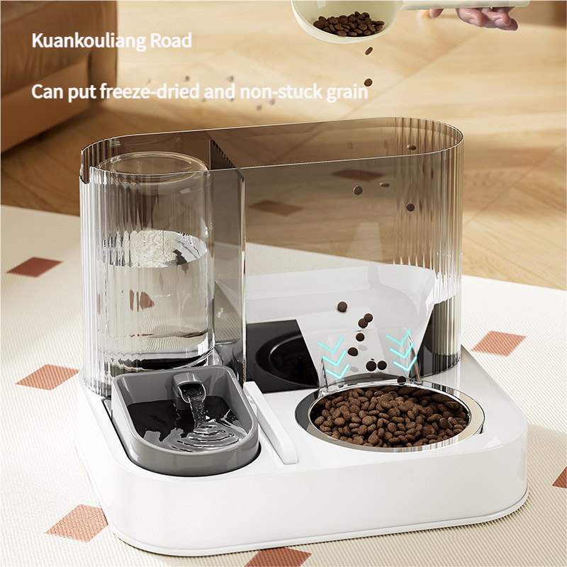 Automatic Pet Feeder and Water Bowl - 2-in-1 Grey Stainless Steel Bowl Cat Feeding Station V888-ELOSUNG18312