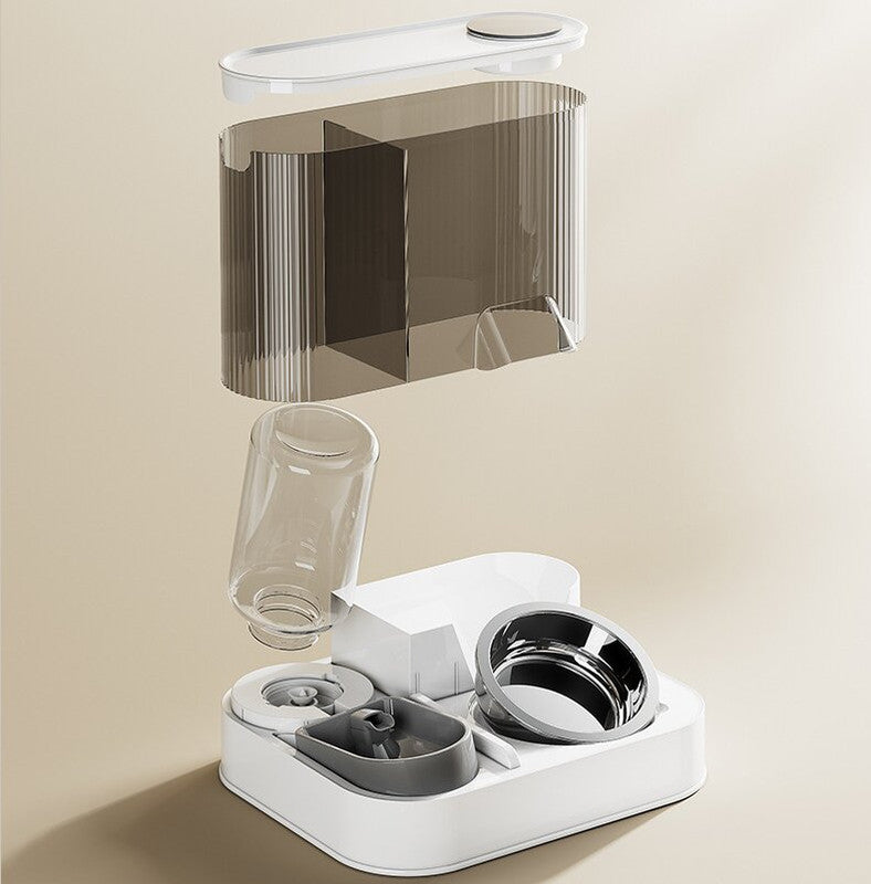 Automatic Pet Feeder and Water Bowl - 2-in-1 Grey Stainless Steel Bowl Cat Feeding Station V888-ELOSUNG18312