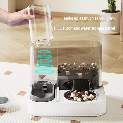 Automatic Pet Feeder and Water Bowl - 2-in-1 Grey Stainless Steel Bowl Cat Feeding Station V888-ELOSUNG18312