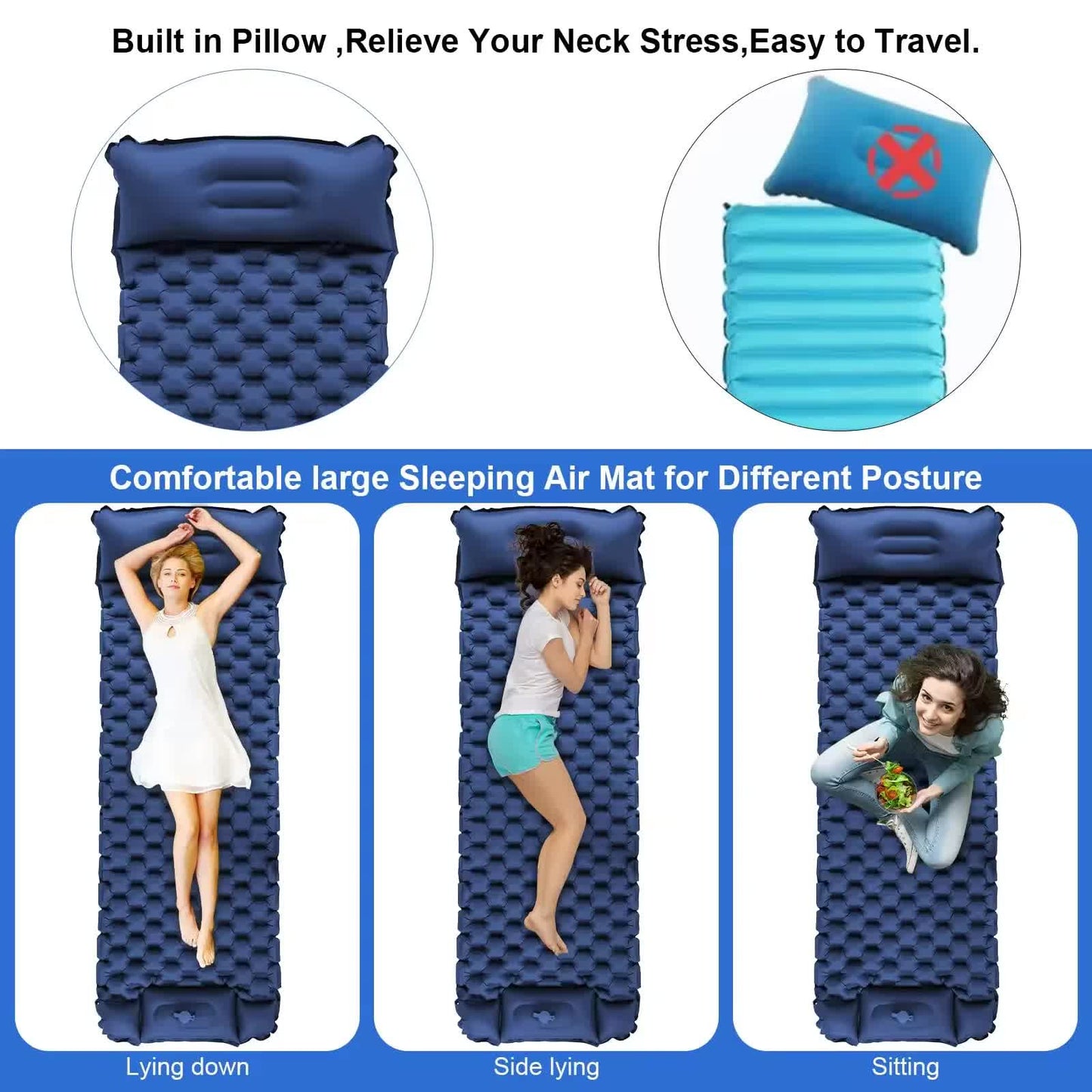 Peacock blue Portable Outdoor Inflatable Mat - Foot-Operated Camping Sleeping Pad V888-ELOSUNG18326