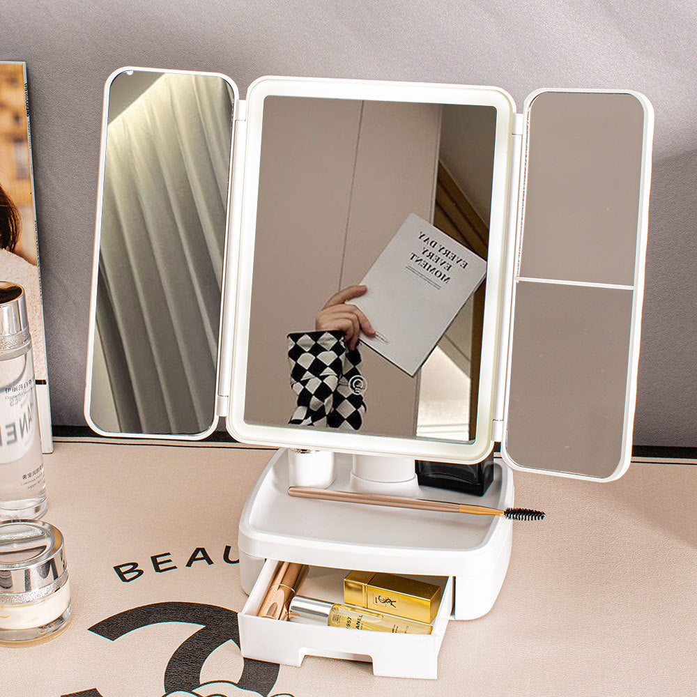 Elegant Tri-Fold Shell LED Vanity Mirror - Smart Makeup Gift with Storage & Illumination V888-ELOSUNG18334