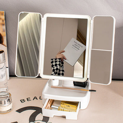 Elegant Tri-Fold Shell LED Vanity Mirror - Smart Makeup Gift with Storage & Illumination V888-ELOSUNG18334