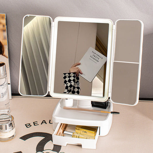 Elegant Tri-Fold Shell LED Vanity Mirror - Smart Makeup Gift with Storage & Illumination V888-ELOSUNG18334