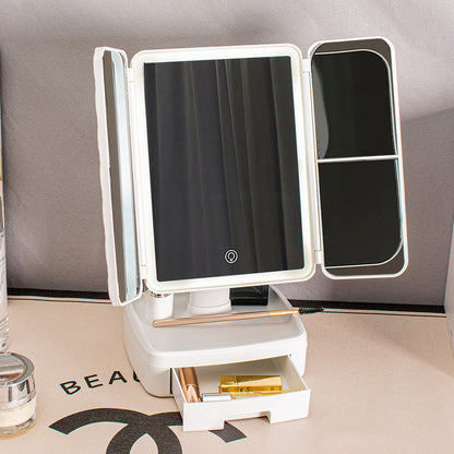 Elegant Tri-Fold Shell LED Vanity Mirror - Smart Makeup Gift with Storage & Illumination V888-ELOSUNG18334