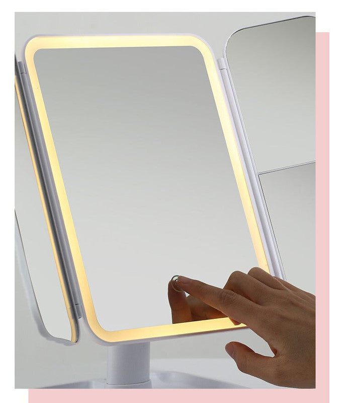Elegant Tri-Fold Shell LED Vanity Mirror - Smart Makeup Gift with Storage & Illumination V888-ELOSUNG18334