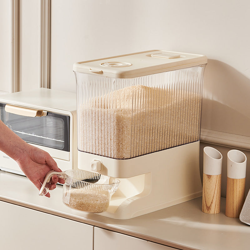 Transparent Cream White Smart Kitchen Rice Dispenser - Automatic Press-Style Rice Storage Bin V888-ELOSUNG18345