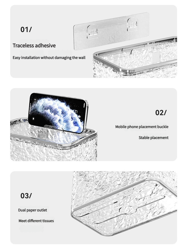 2PCS Stylish Double-Layer Transparent Grey Wave-Textured Tissue Box Holder - Stylish Bathroom Storage V888-ELOSUNG18354