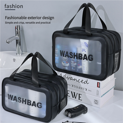 2PCS Dual-Layer Transparent PU Cosmetic Pouch - Wet and Dry Separation, Large size(31*15*20cm)- Black V888-ELOSUNG18356