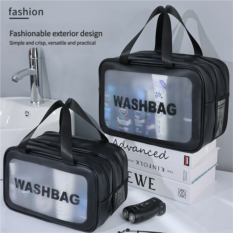 2PCS Dual-Layer Transparent PU Cosmetic Pouch - Wet and Dry Separation, Large size(31*15*20cm)- Pink V888-ELOSUNG18357