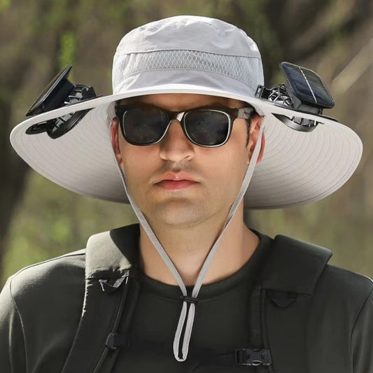 Grey Outdoor Sun Hat with Solar Fan Wide Brim 12cm - Rechargeable Cooling Cap for Fishing Hiking & Gardening V888-ELOSUNG18381