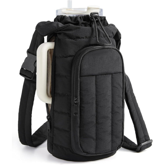 Black Quilted Water Bottle Carrier Bag with Large Phone Pocket - Insulated Tumbler Pouch with Adjustable V888-ELOSUNG18401