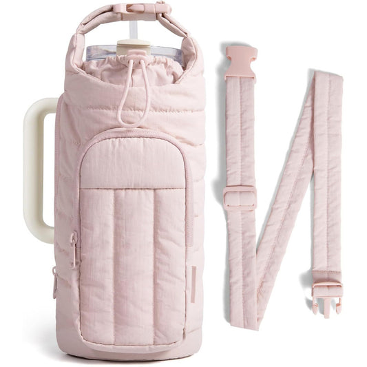 Light Pink Quilted Water Bottle Carrier Bag with Large Phone Pocket - Insulated Tumbler Pouch with Adjustable V888-ELOSUNG18402