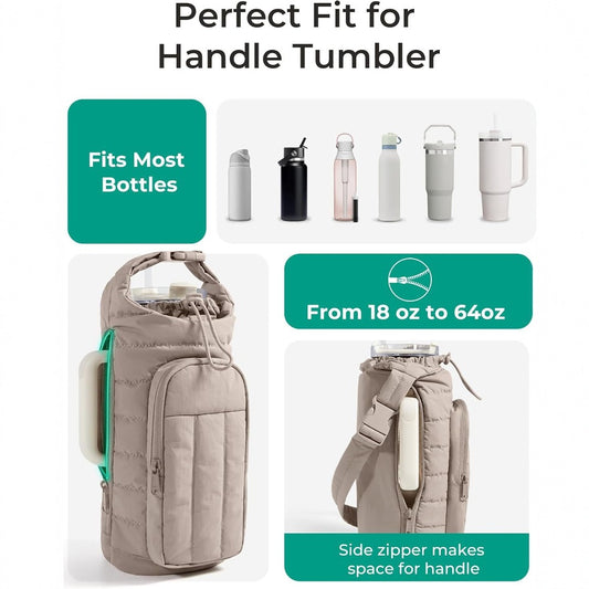 Light Pink Quilted Water Bottle Carrier Bag with Large Phone Pocket - Insulated Tumbler Pouch with Adjustable V888-ELOSUNG18402