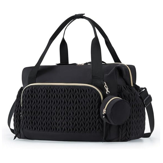 Black Large Quilted Diaper Bag Tote - Multi-functional Travel Baby Bag with Changing Pad and Pacifier Pouch - V888-ELOSUNG18406