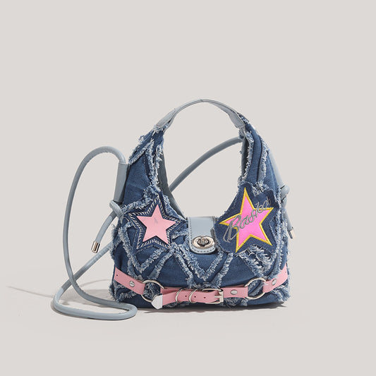 Trendy Denim Crescent Bag - Distressed Star Punk Style Crossbody Handbag - Chic Small Hobo Bag for Women - V888-ELOSUNG18414
